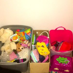 Girl toys and stuffed animals.